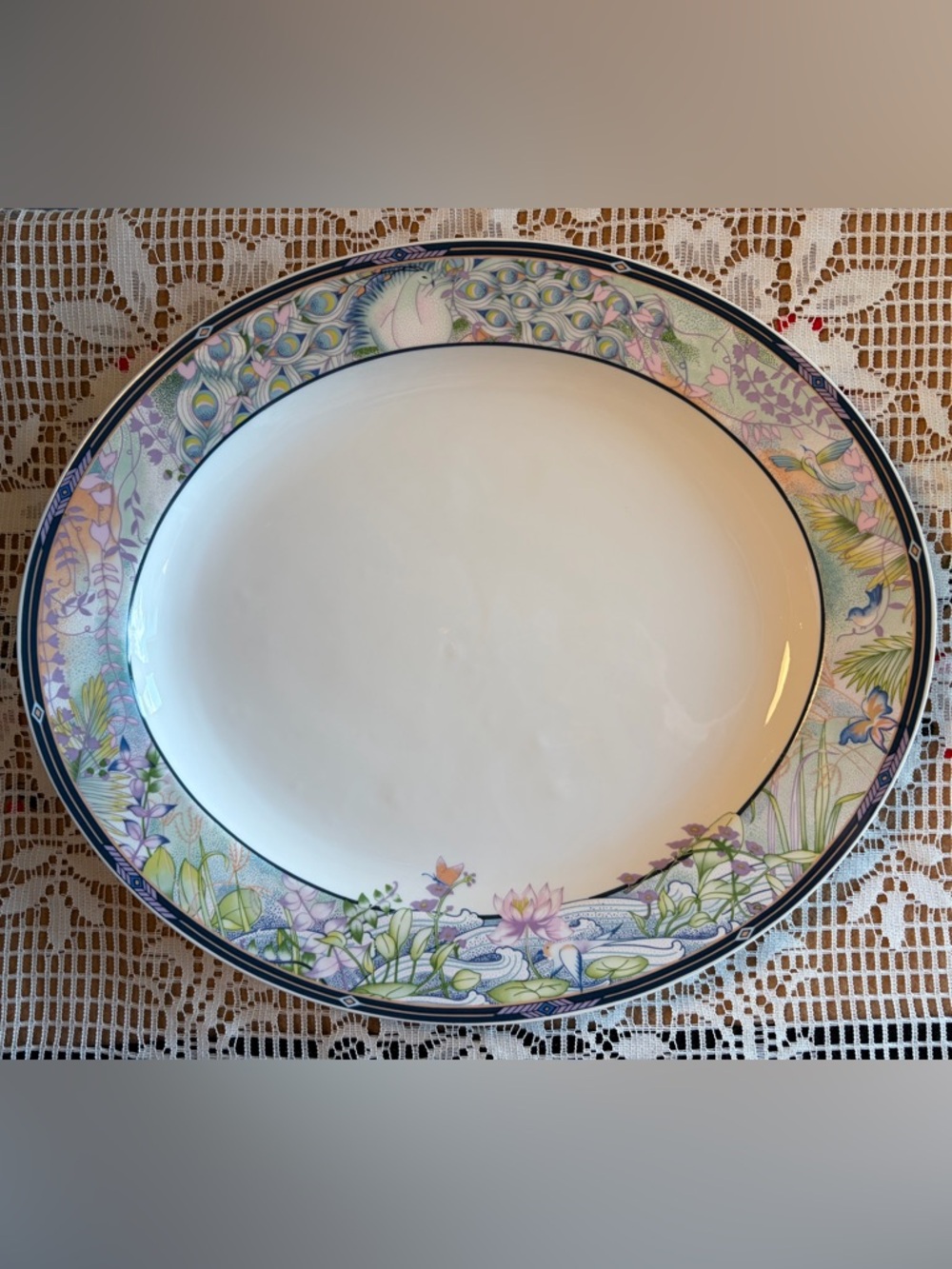 🦚Royal Porcelain Arcadia 203 Large Oval Platter • Peacock & Waterlilies 80s/90s